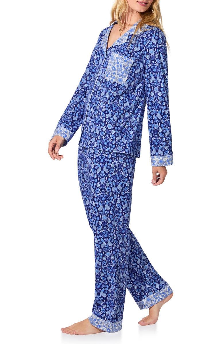 BedHead Pajamas Print Long Sleeve Stretch Organic Cotton Jersey Pajamas, Alternate, color, Bloomscape Blue