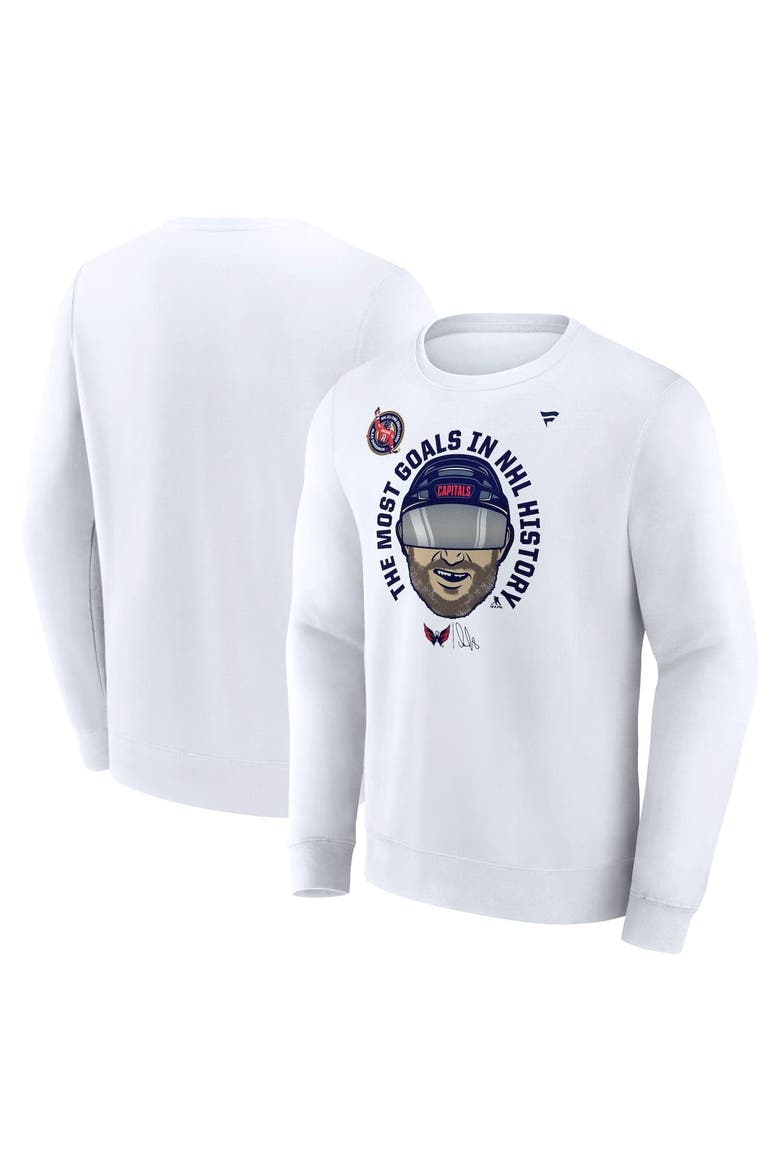 Men's Fanatics Alexander Ovechkin White Washington Capitals NHL All-Time Leading Goal Scorer GR8 Caricature Fleece Pullover Sweatshirt, Main, color, White