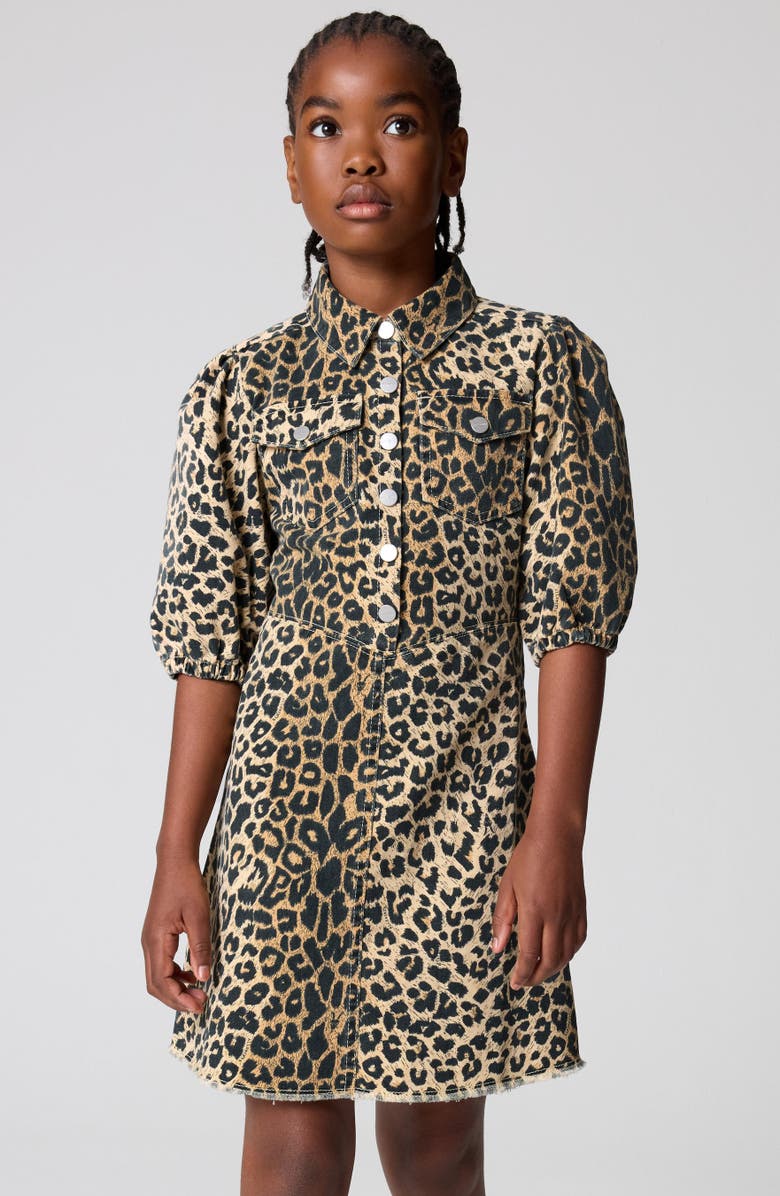 smALLSAINTS by ALLSAINTS Kids' Leopard Print Puff Sleeve Denim Dress, Alternate, color, Brown