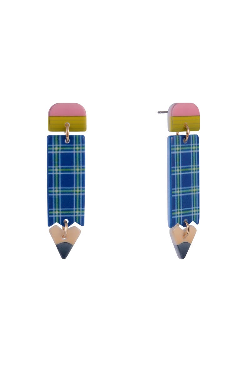 Acrylic Plaid Pencil Earrings, Main, color, Blue