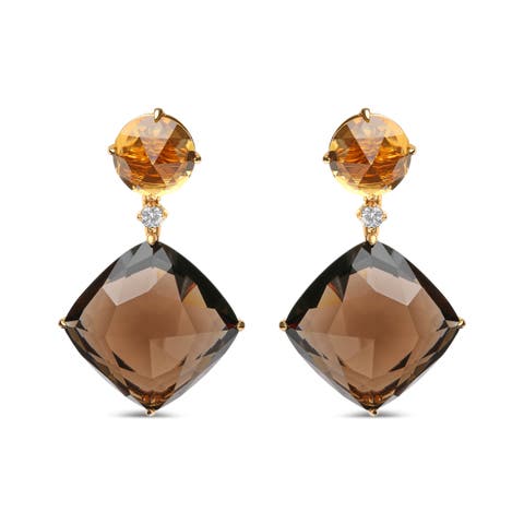 18K Gold 1/5 Ct Diamond with Yellow Citrine & Smoky Quartz Gemstone Dangle Earring