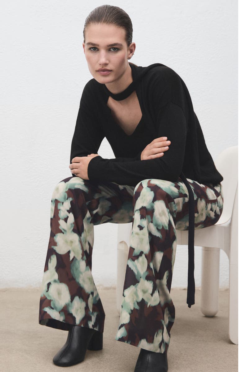 MANGO Floral Print Flare Leg Pants, Alternate, color, Green