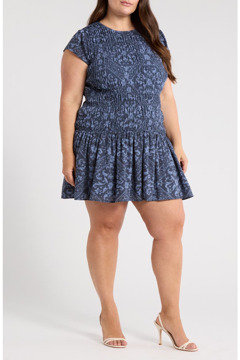 Smocked Bodice Drop Waist Dress, Main, color, NAVY- BLUE ORNATE BOHO