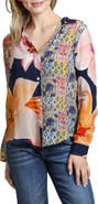 APNY Abstract Print Roll Tab Sleeve Chiffon Button-Up Shirt