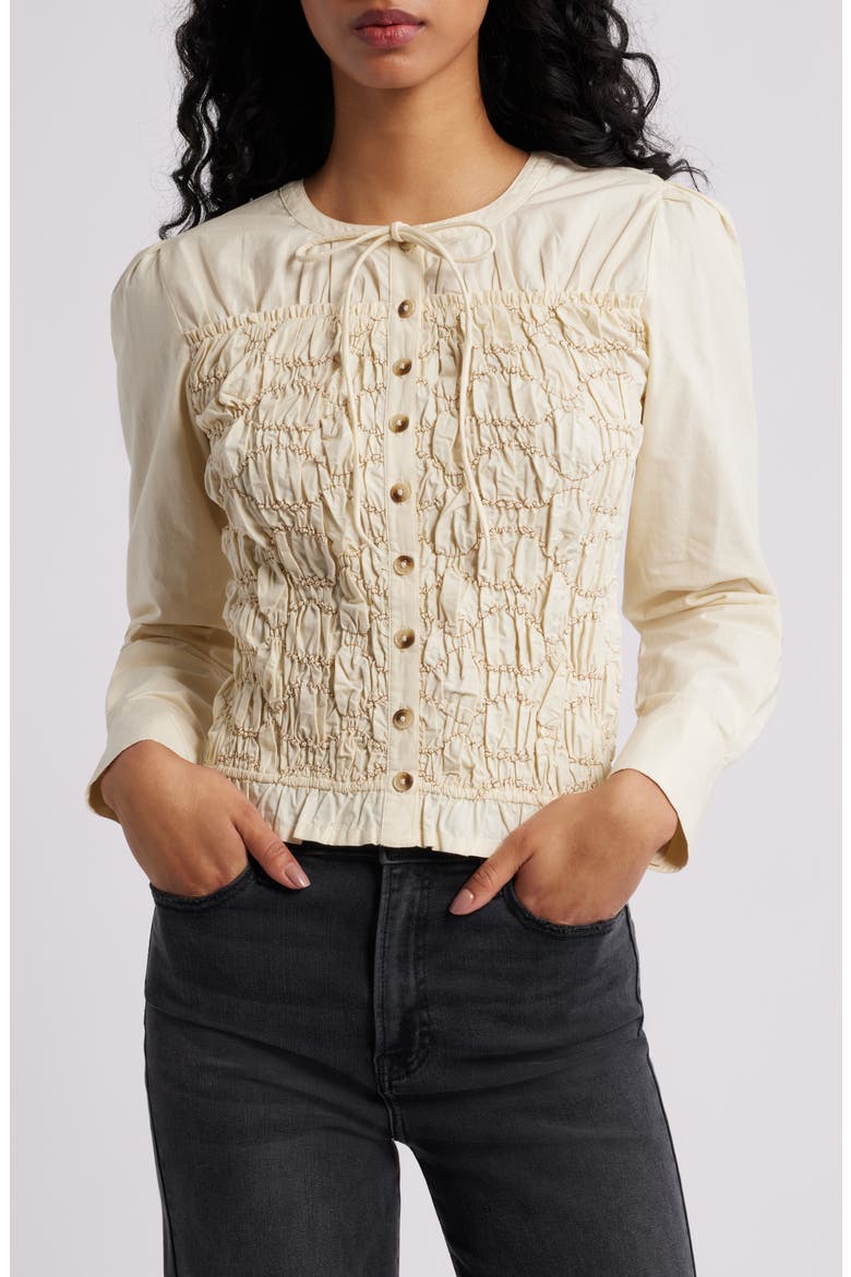 Elliana Smocked Organic Cotton Cardigan, Main, color, BUTTER