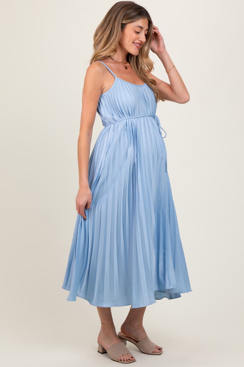 Pleated Sash Tie Midi Dress, Alternate, color, Light Blue
