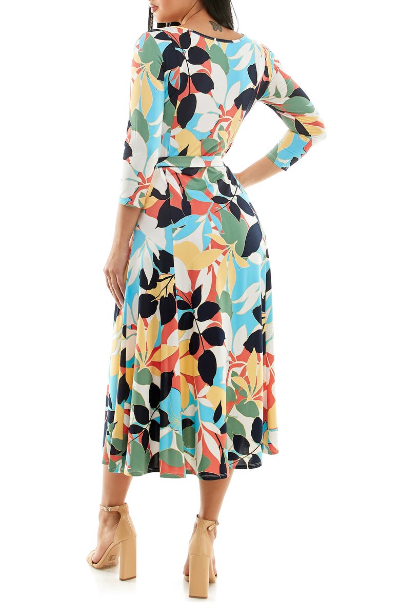 Nina Leonard Crewneck Three-Quarter Sleeve Midi Dress, Alternate, color, Navy/ Carolina Multi