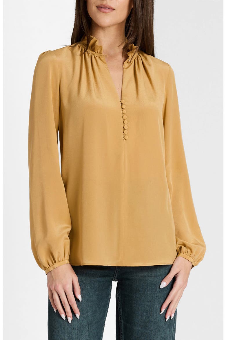 Astrid Long Sleeve Silk Ruffle-Neck Top, Alternate, color, Dune Sand