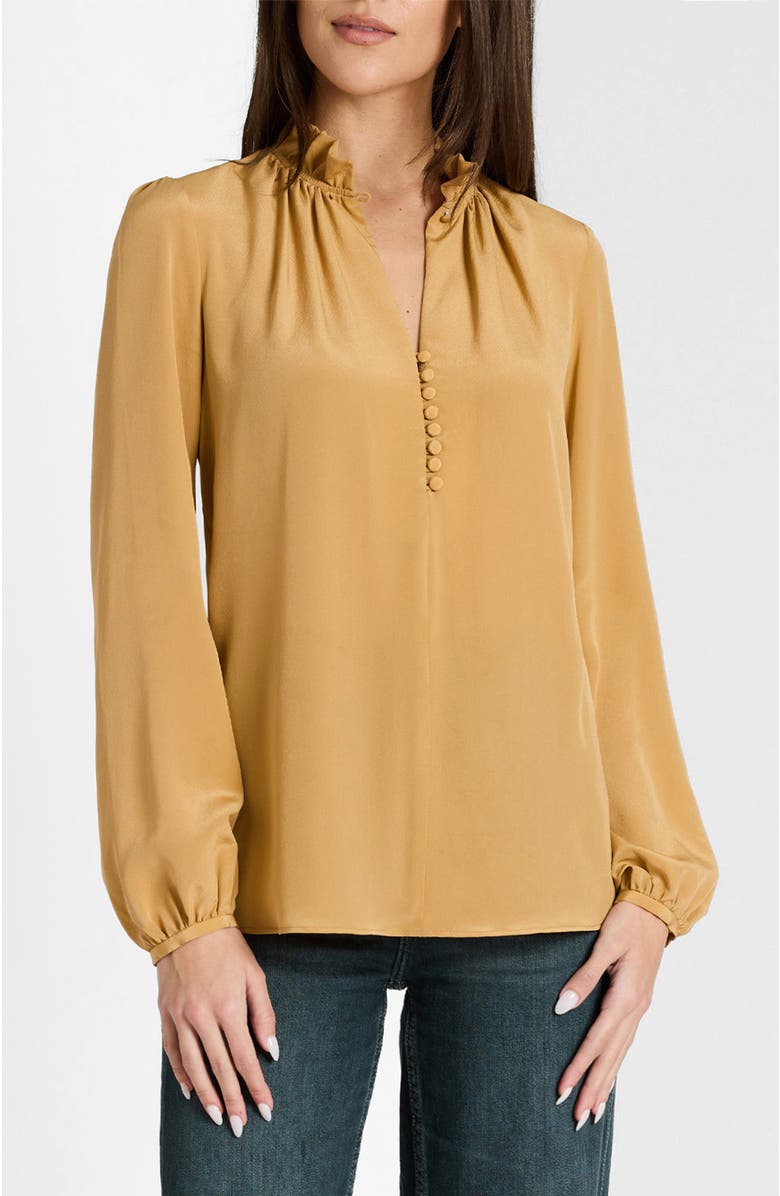 Santorelli Astrid Long Sleeve Silk Ruffle-Neck Top, Alternate, color, Dune Sand