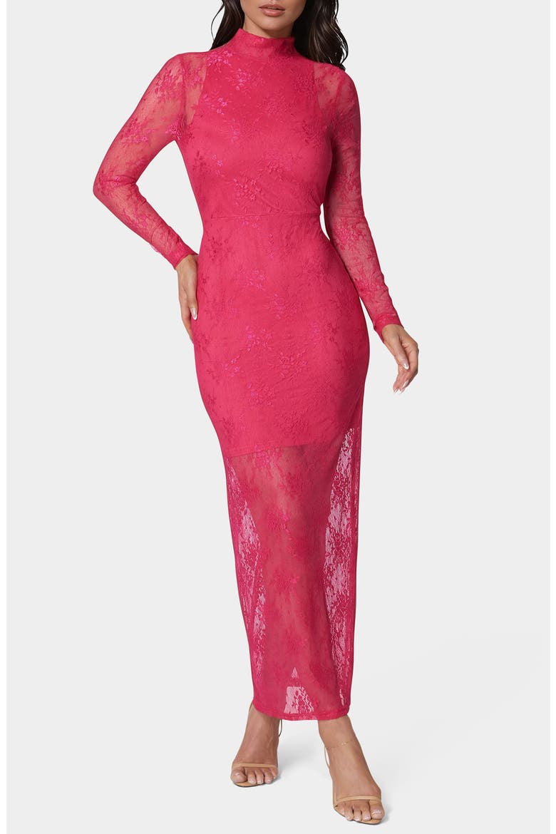 Illusion Lace Long Sleeve Body-Con Dress, Main, color, RASPBERRY