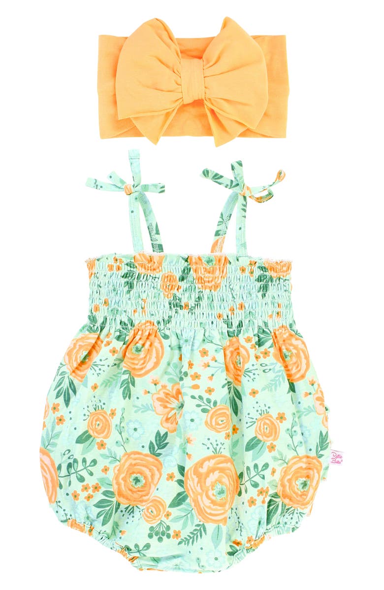 RuffleButts Cottage Flowers Smocked Romper & Headband Set, Main, color,