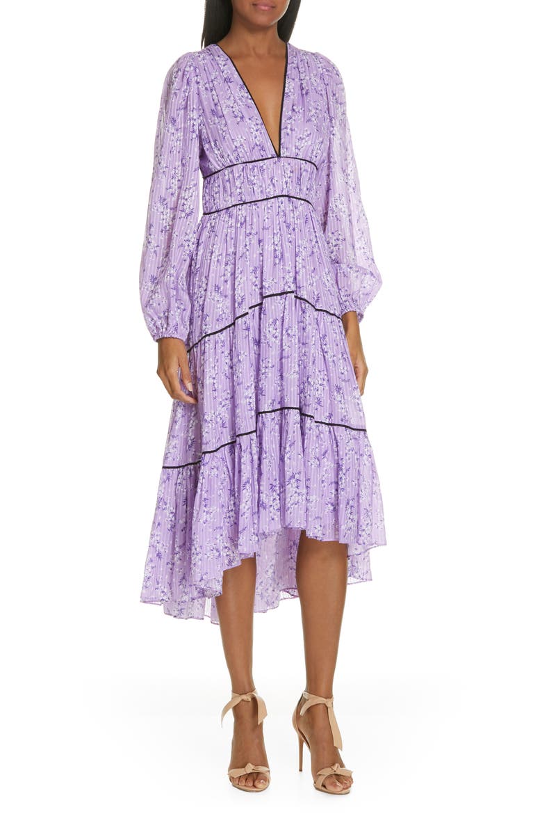 Joan Floral Print Cotton & Silk Midi Dress, Main, color, LILAC