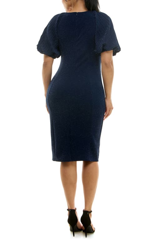 Nina Leonard Pleated Puff Sleeve Glitter Sheath Dress In Navy
