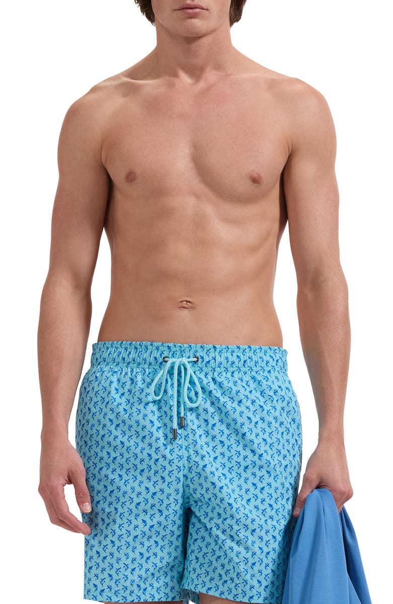Bugatchi Kai Dolphin Print Swim Trunks, Alternate, color, Aqua