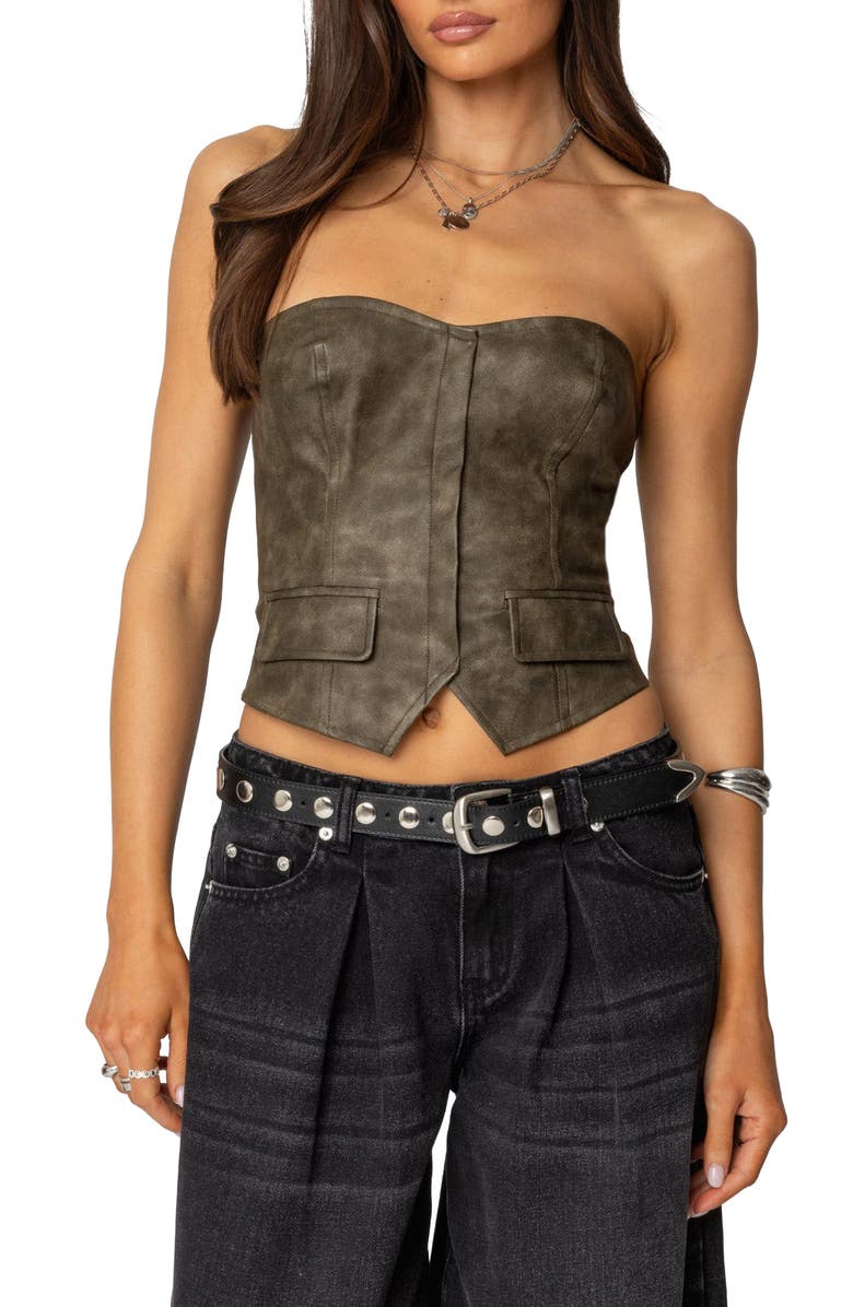 EDIKTED Maysen Faux Leather Corset Top, Main, color, Dark-Gray