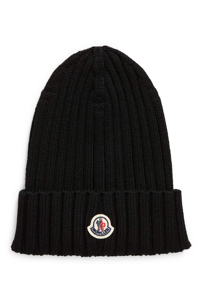 Logo Patch Cuff Virgin Wool Rib Beanie, Main, color, BLACK