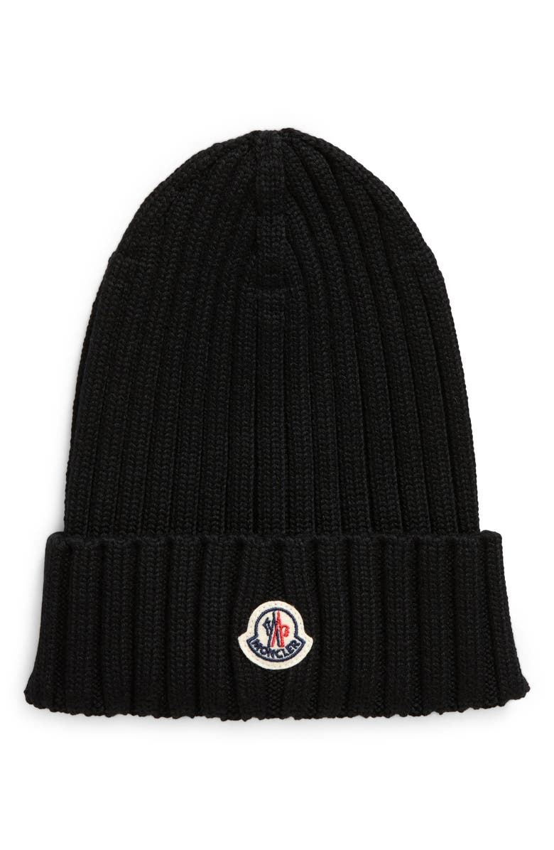 Moncler Logo Patch Cuff Virgin Wool Rib Beanie, Main, color,
