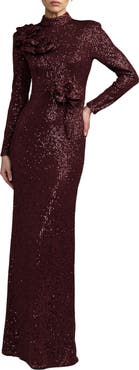 Mac Duggal Long Sleeve Sequin Gown With Flowers