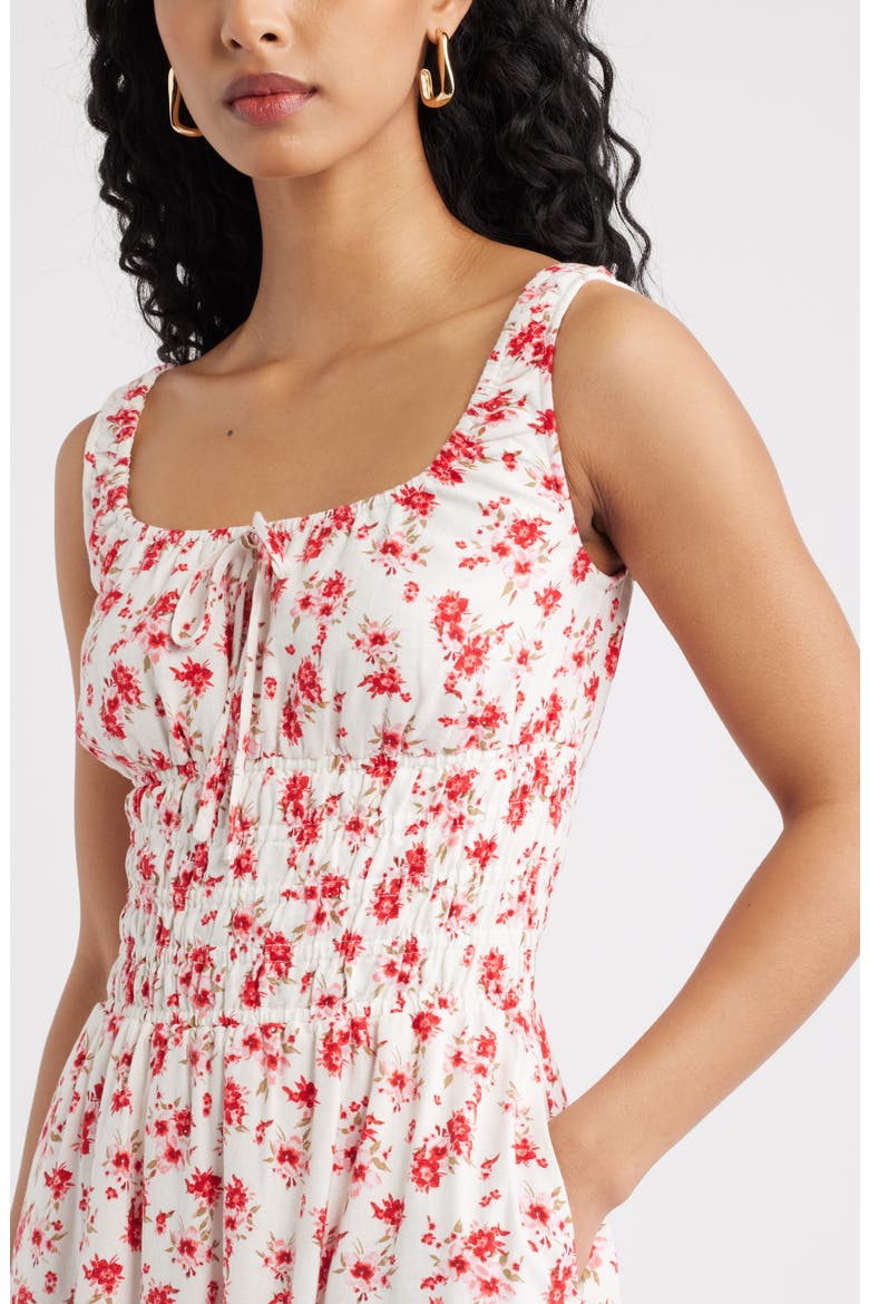 Smocked Waist Midi Dress, Alternate, color, IVORY- PINK SOFT HIBISCUS