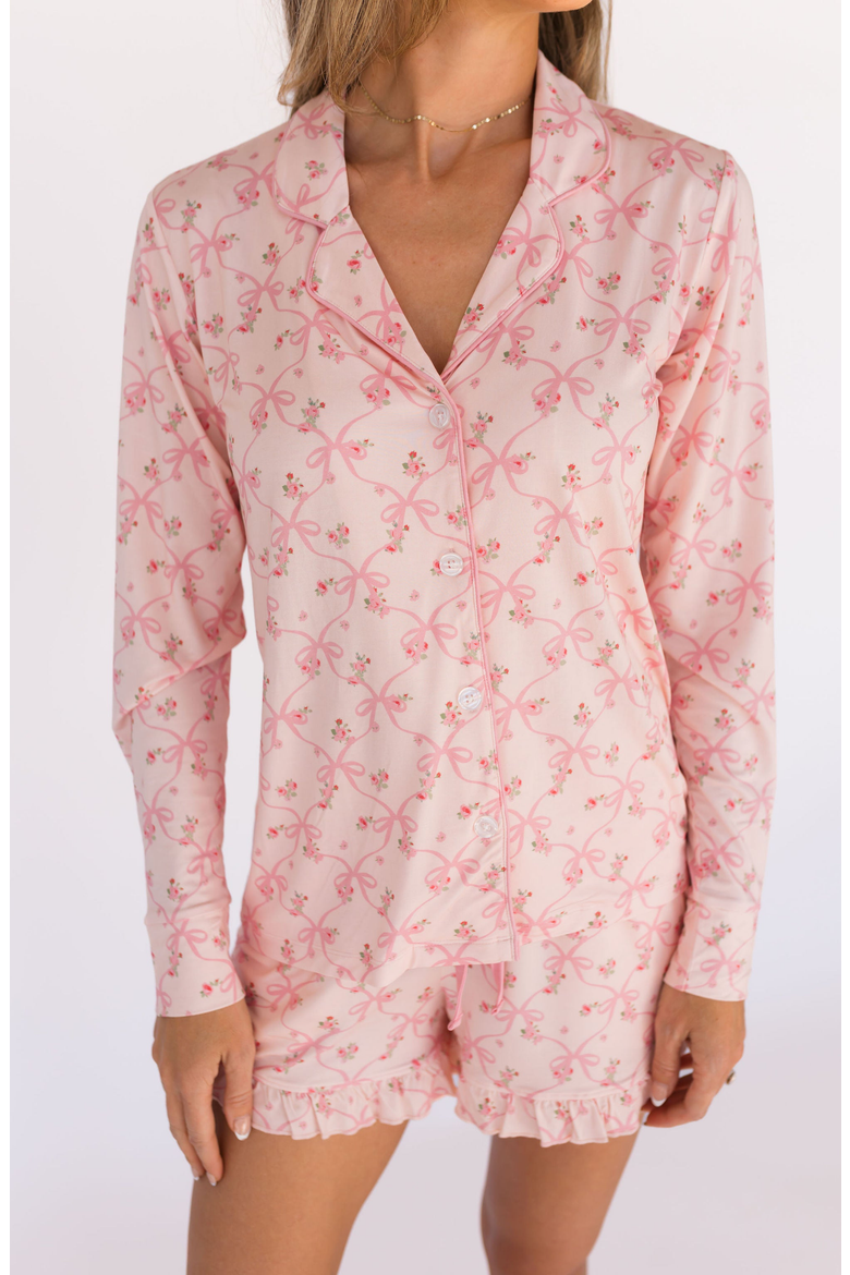 Rosie Bow Long Sleeve Short Set Sleepwear, Alternate, color, Blush Pink