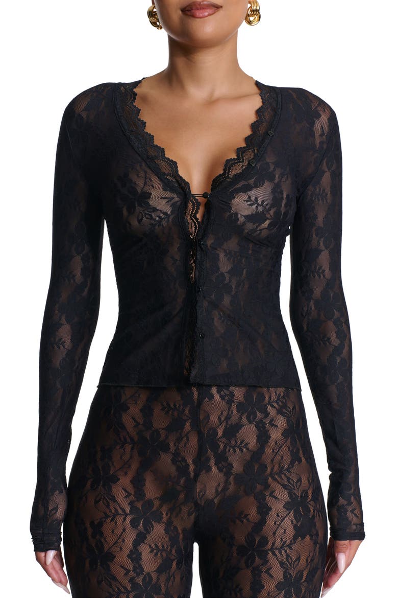 Lace Long Sleeve Button-Up Top, Main, color, BLACK