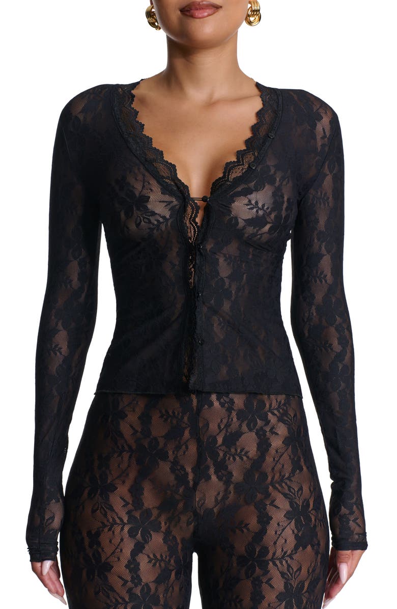 Naked Wardrobe Lace Long Sleeve Button-Up Top, Main, color, 
