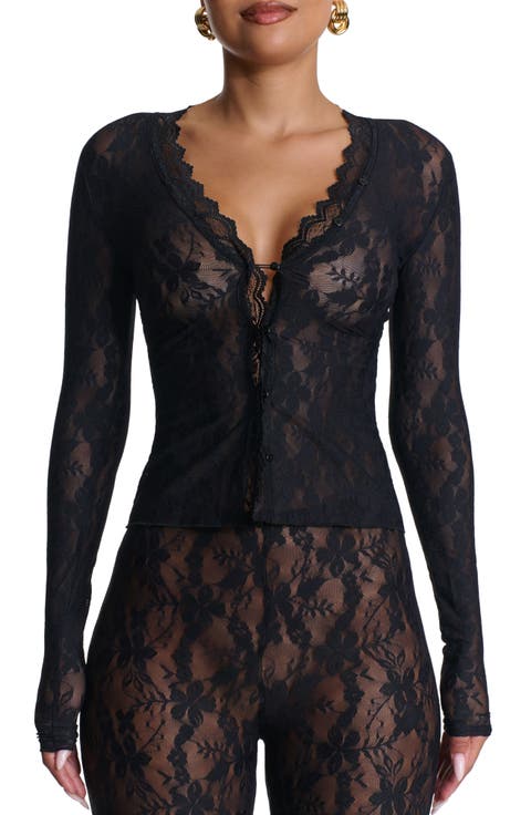 Lace Long Sleeve Button-Up Top