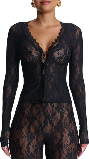 Lace Long Sleeve Button-Up Top
