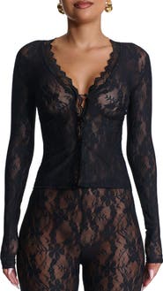 Naked Wardrobe Lace Long Sleeve Button-Up Top