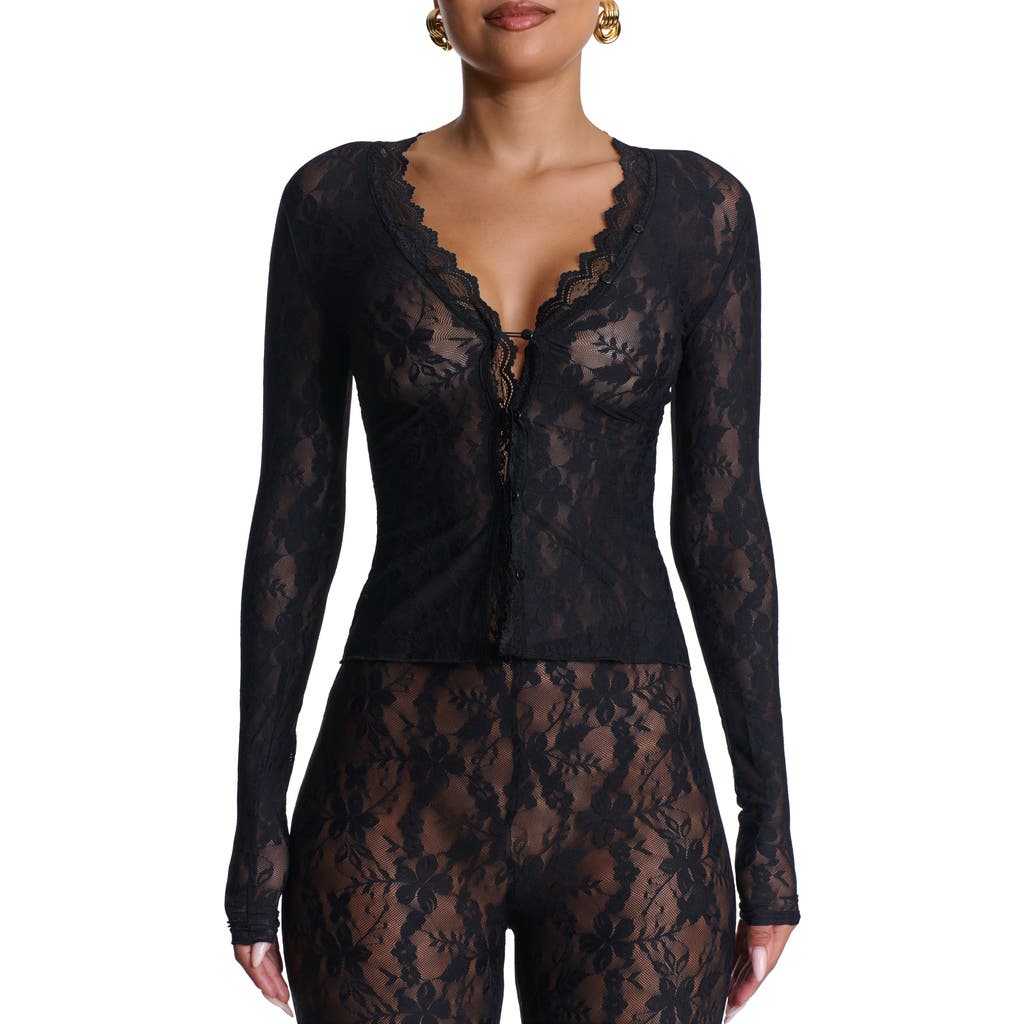 Naked Wardrobe Lace Long Sleeve Button-up Top In Black