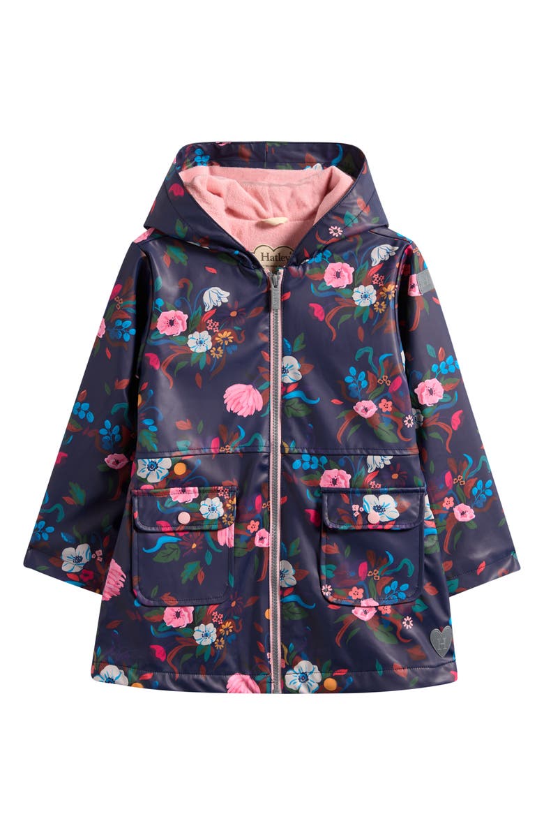 Hatley Kids' Fall Floral Rain Jacket, Alternate, color, Navy Blue
