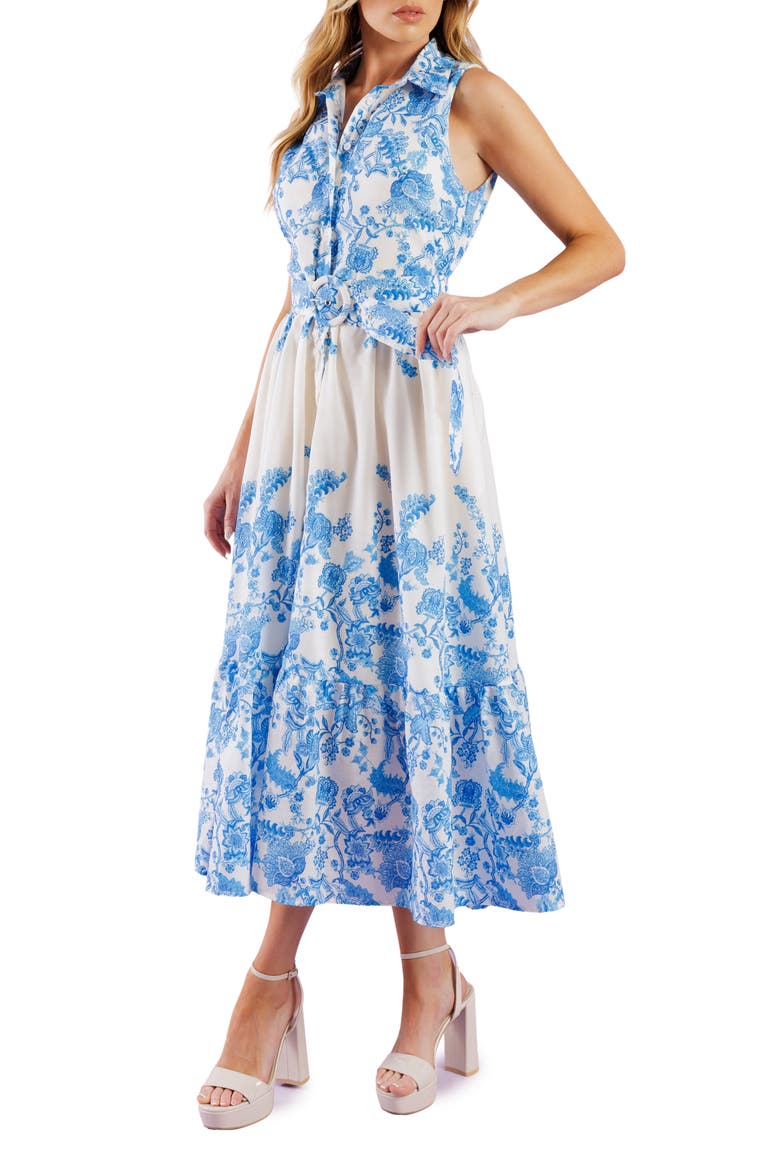 Floral Sleeveless Belted Shirtdress, Alternate, color, IVORY BLUE