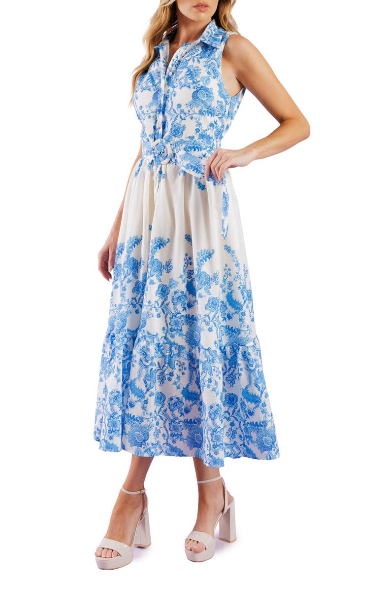 FLYING TOMATO Floral Sleeveless Belted Shirtdress, Alternate, color, Ivory Blue