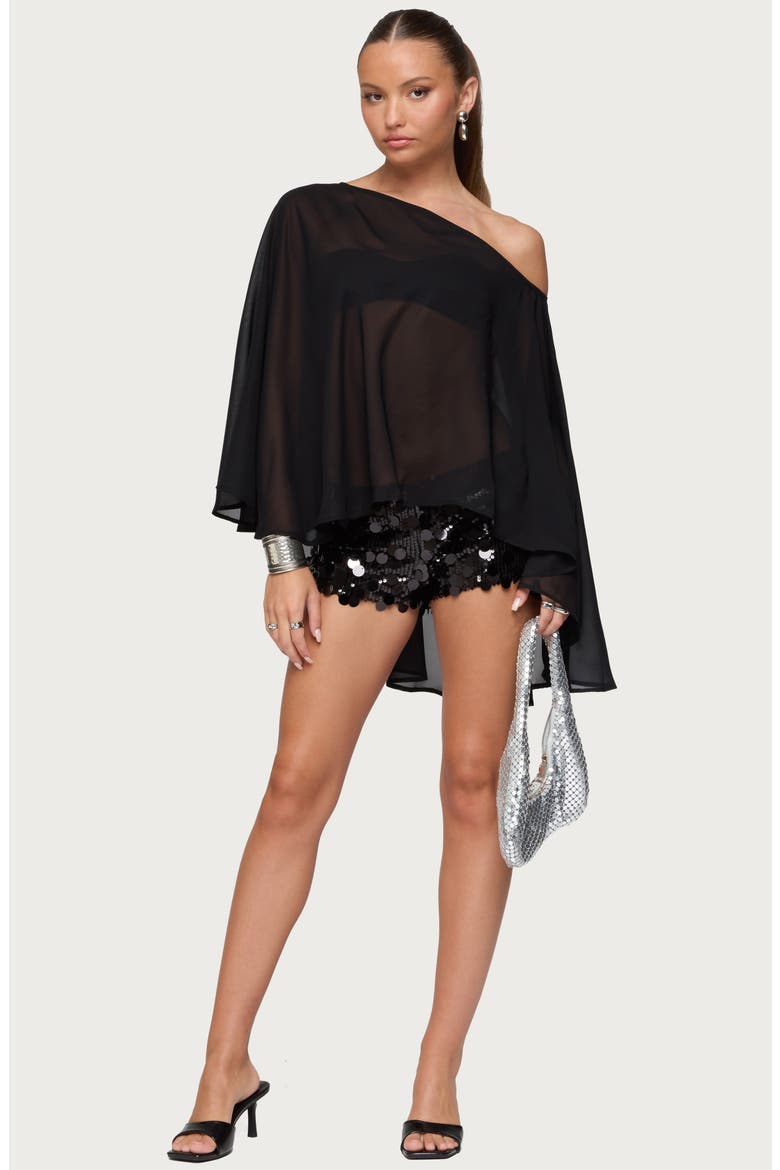 Sheer Chiffon One-Shoulder Poncho, Alternate, color, BLACK