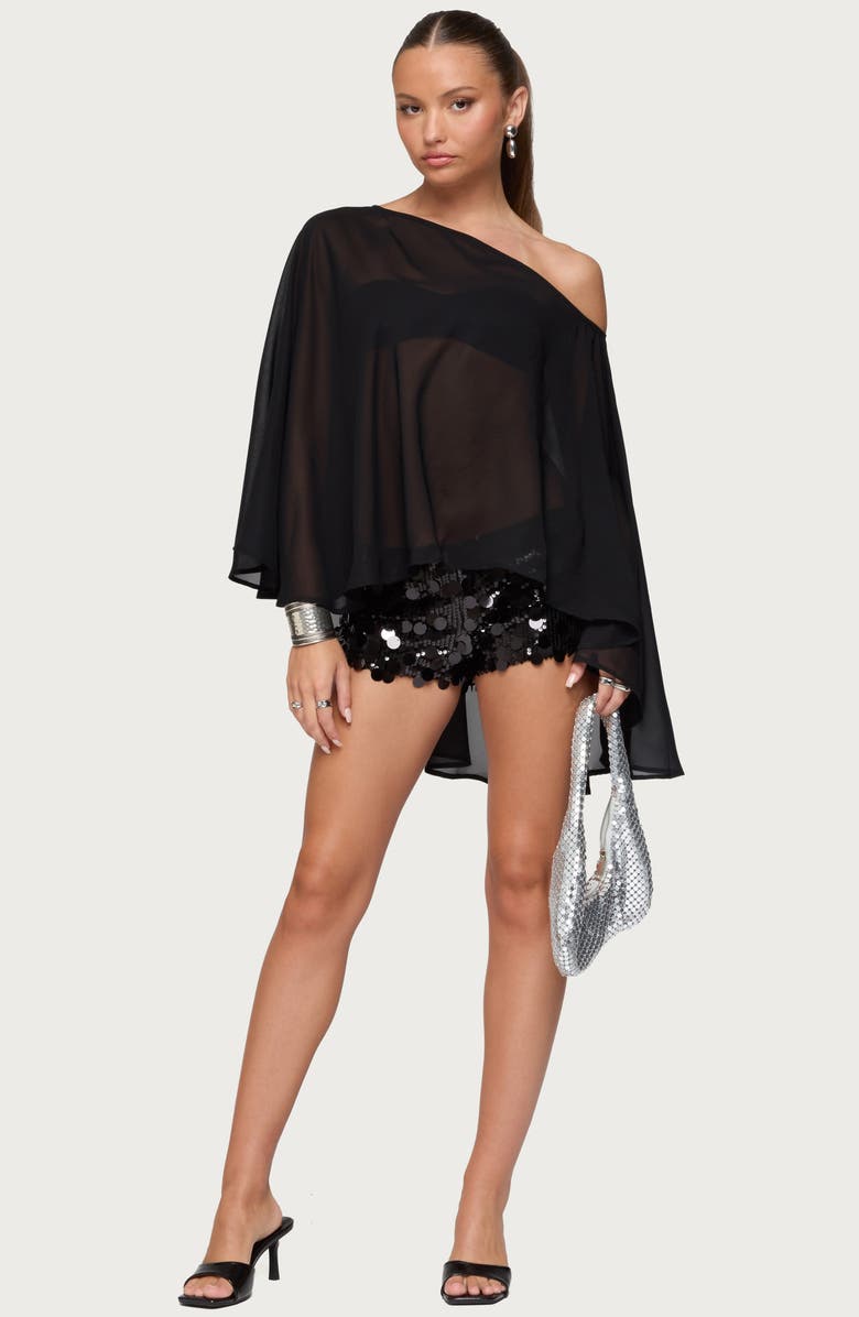 EDIKTED Sheer Chiffon One-Shoulder Poncho, Alternate, color, Black