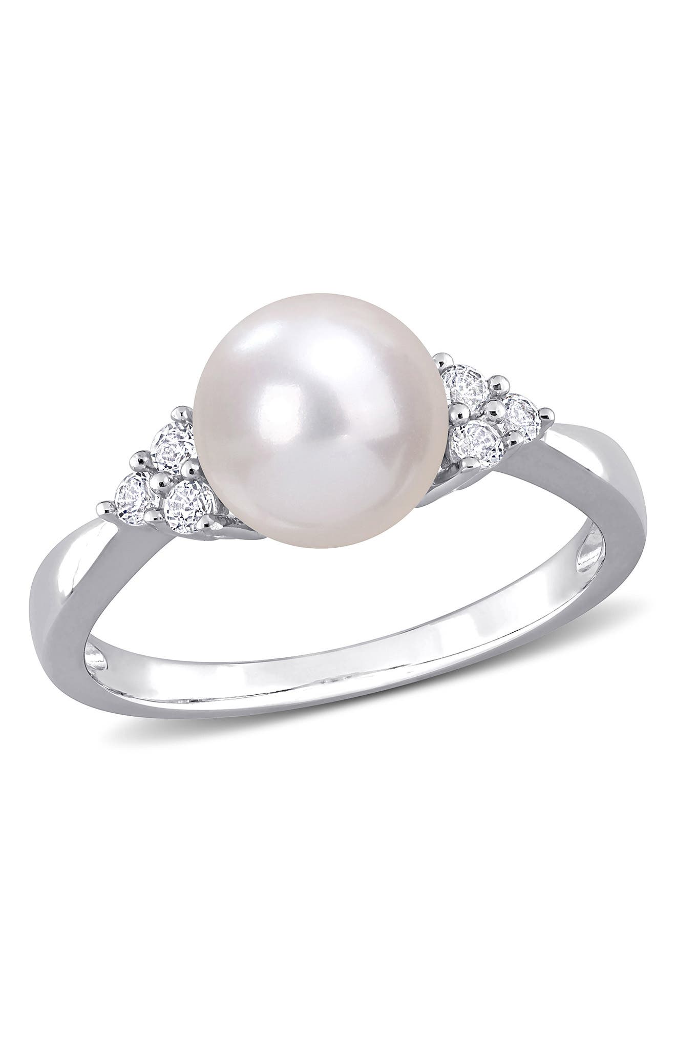 DELMAR Sterling Silver 8-8.5mm Cultured Freshwater Pearl White Topaz Ring