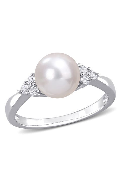 Sterling Silver 8-8.5mm Cultured Freshwater Pearl White Topaz Ring