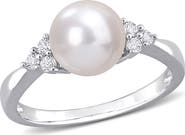 DELMAR Sterling Silver 8-8.5mm Cultured Freshwater Pearl White Topaz Ring