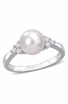 DELMAR Sterling Silver 8-8.5mm Cultured Freshwater Pearl White Topaz Ring