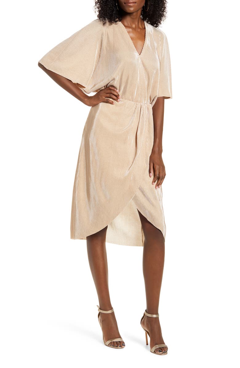 VERO MODA Dagny Metallic Pleated Faux Wrap Dress, Main, color,