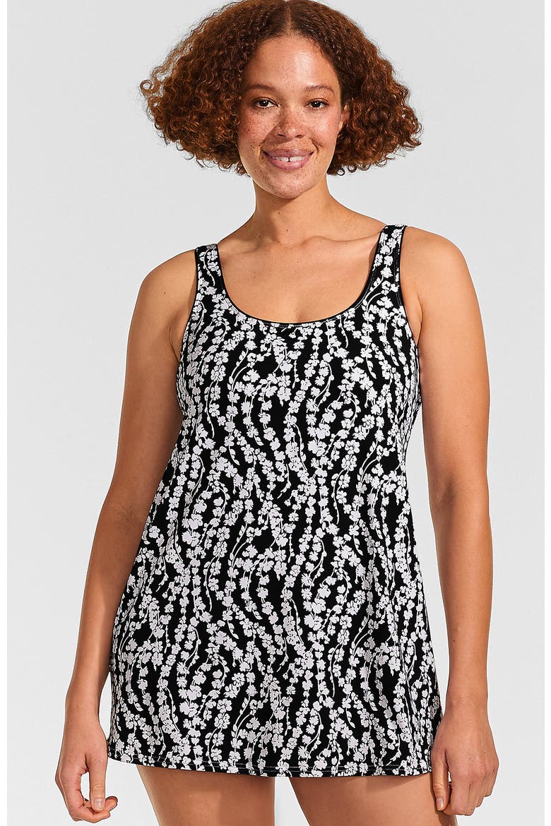 D-Cup Scoop Neck Swim Dress Swimsuit, Main, color, Black/White Vine Floral