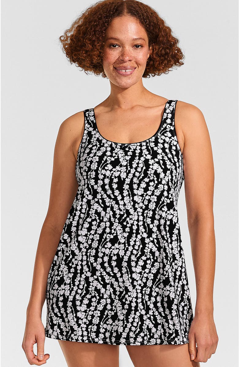 Lands' End D-Cup Scoop Neck Mini Swim Dress Swimsuit, Main, color, Black/White Vine Floral