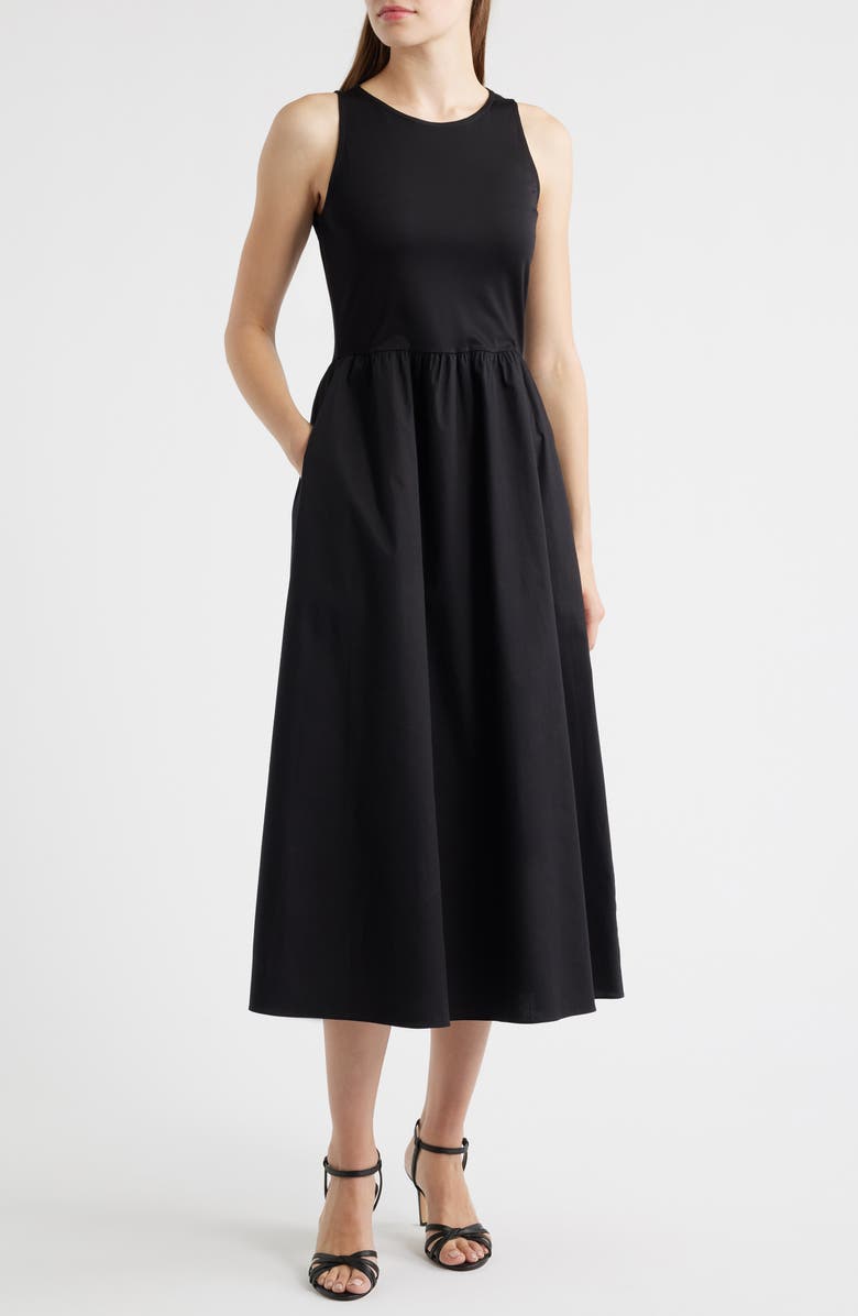 Anne Klein Mixed Media Sleeveless Cotton Midi Dress, Main, color, 