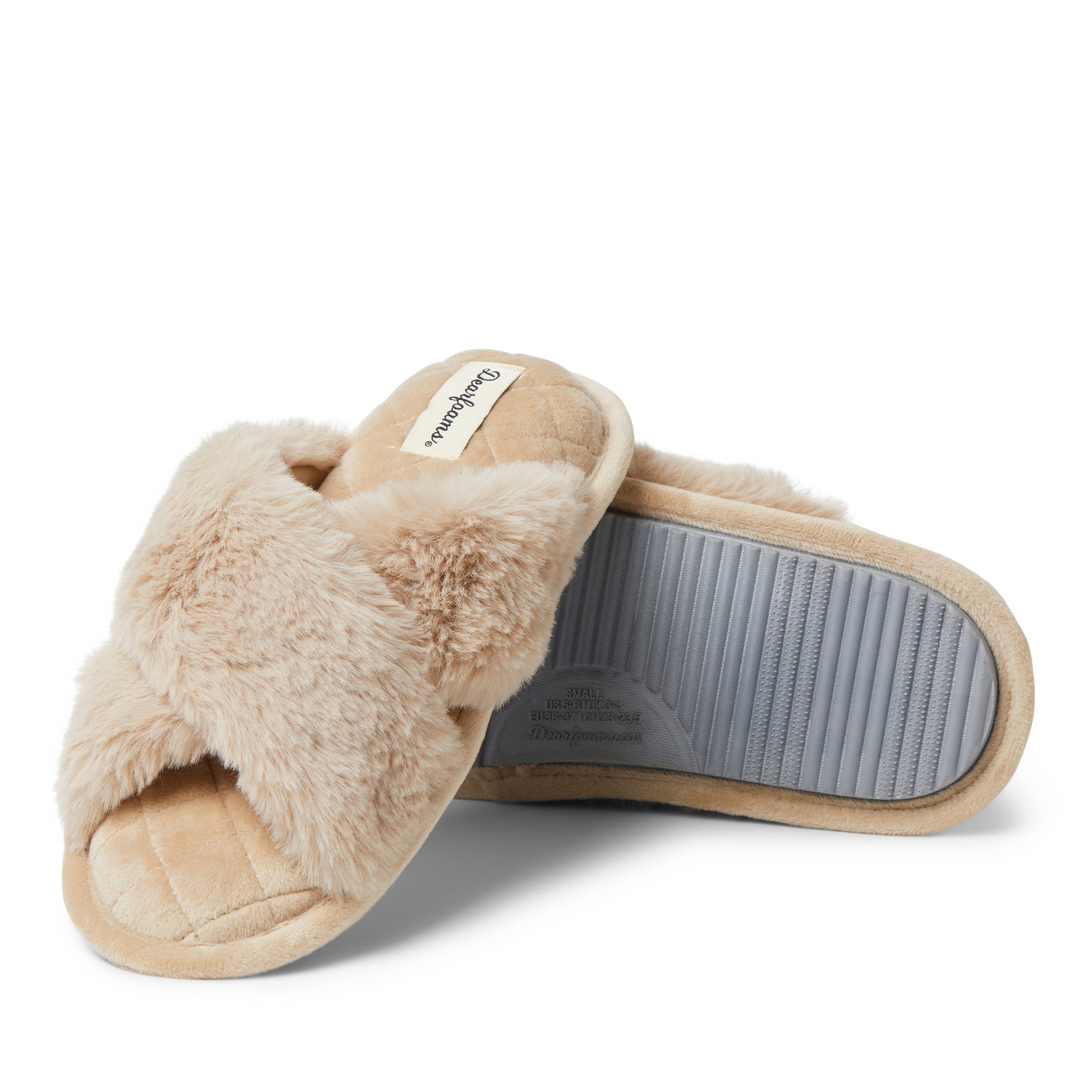 DEARFOAMS Jessica Furry Crossband Slide Slipper, Alternate, color, Latte