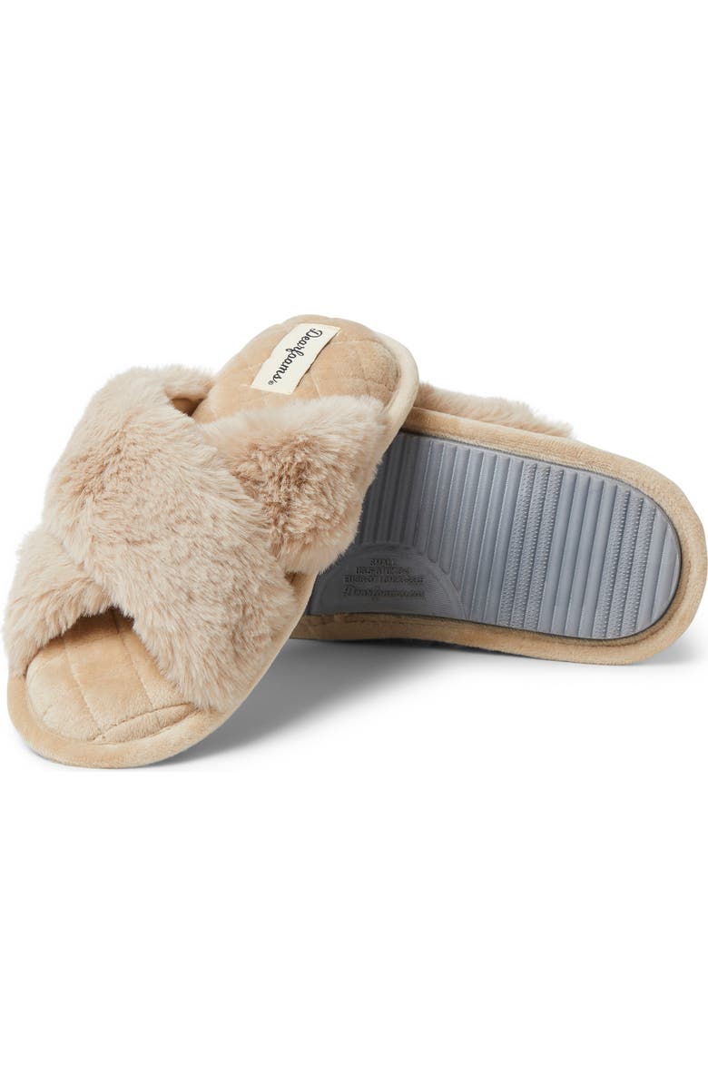 DEARFOAMS Jessica Furry Crossband Slide Slipper, Alternate, color, Latte