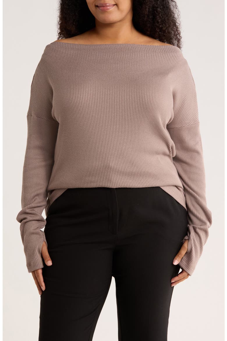 Off the Shoulder Rib Knit Long Sleeve Top, Main, color, MOCHA