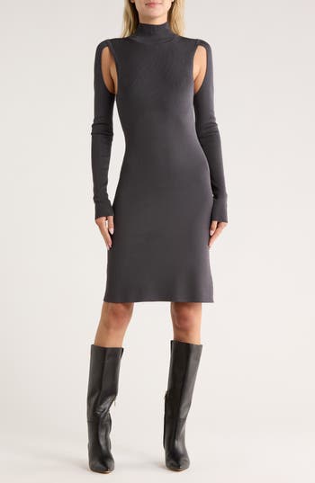 Helmut Lang Mock Neck Long Sleeve Cutout Dress In Gray