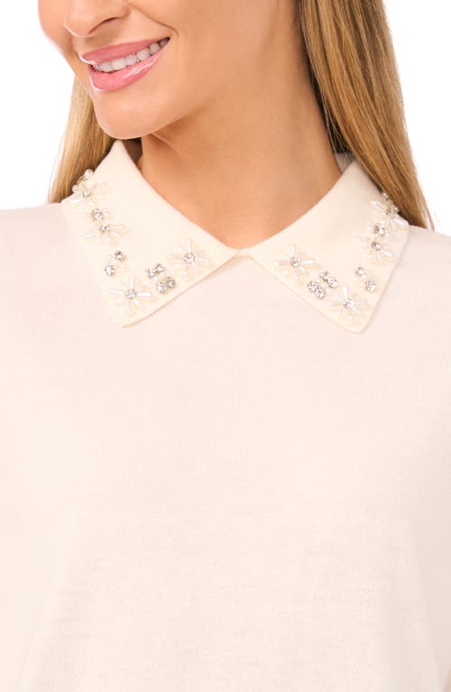 Cece Women's Collared Neck Embellished Polo Sweater In White