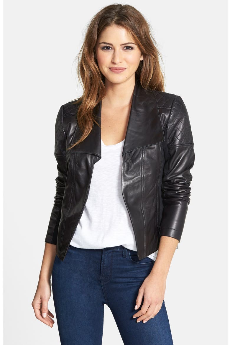 Quilt Detail Leather Jacket, Main, color, BLACK