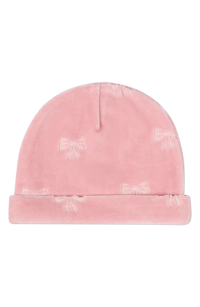 MiniMoi 3 Piece Baby Girls "Velvet Bow" Cotton Rich Velour Footie Set, Alternate, color, Pink